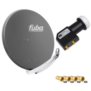 Anthrazitfarbene 85cm Aluminium Satellitenschüssel Fuba DAA 850 mit Twin LNB und F-Steckern.