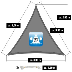 Graues AMANKA Sonnensegel Dreieck 3x3x3m mit Maßen und 3 Seilen zur Befestigung.
