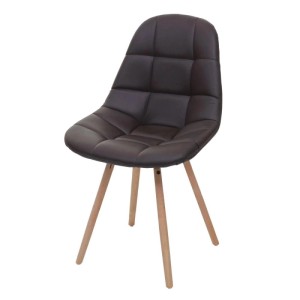 Brauner Esszimmerstuhl aus Kunstleder mit gesteppter Rückenlehne und Holzbeinen im Retro-Design.