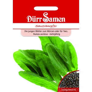 Dürr Samen Sauerampfer Saatgut Packung mit frischen, grünen Blättern und Saatgutansicht.