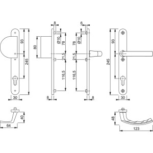 Technische Zeichnung: Hoppe Schmalschild-Wechsel-Garnitur Lima Aluminium für Profiltüren mit Maßen.