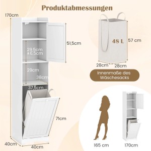 Weißer Costway Bad Hochschrank mit Wäschekorb, verstellbaren Regalen und Tür. 170cm hoch, ideal für Bad.