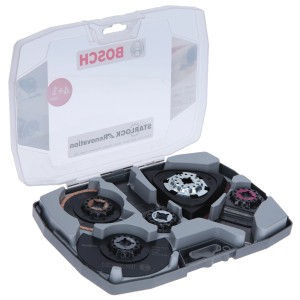 Bosch Starlock-Set Best of Renovation, 8-teilig, Zubehör für Multifunktionswerkzeuge im geöffneten Koffer.