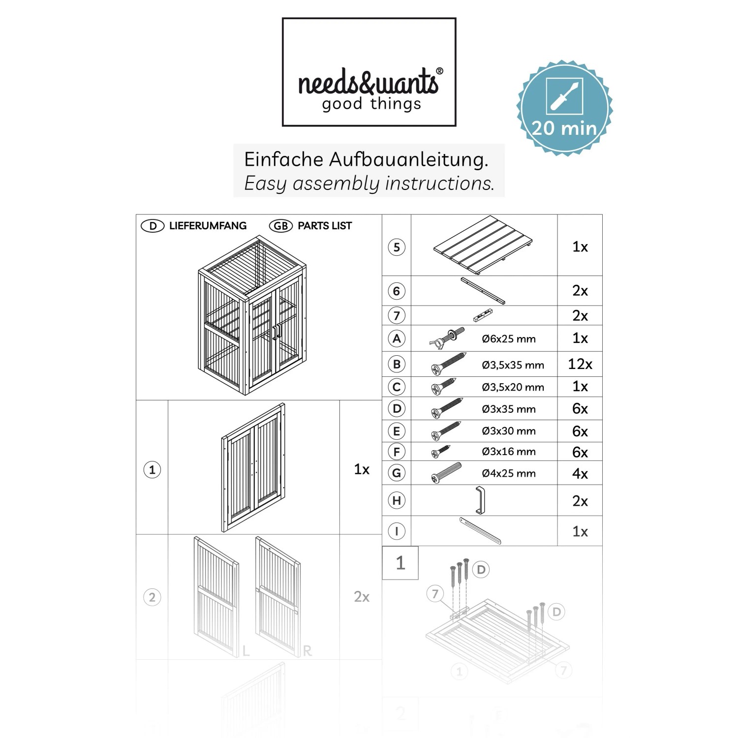 Aufbauanleitung für needs&wants Mini-Gewächshaus Framy2, Teileliste und Montageschritte.
