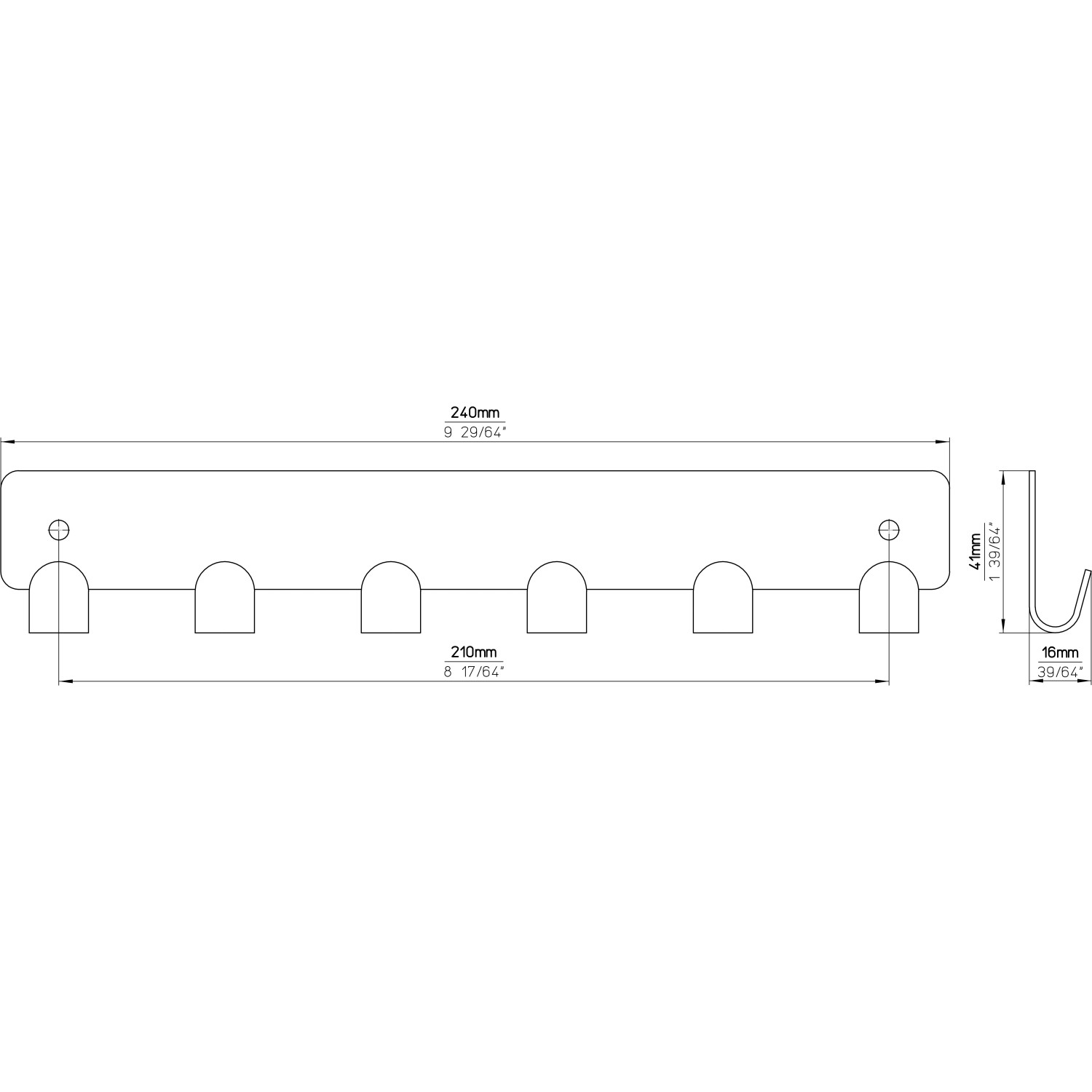 Technische Zeichnung: Siro Hakenleiste, Metall Nickel matt, 240mm, 6 Haken, Maße
