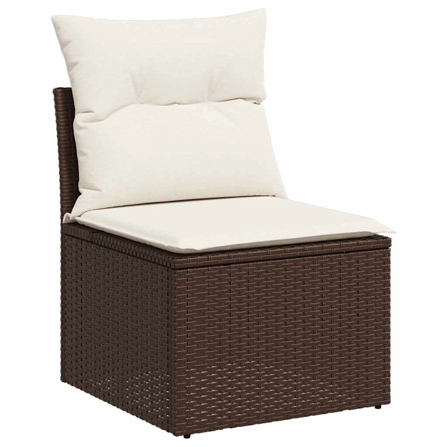 Brauner vidaXL Gartenmöbel Sessel aus Rattan mit weißen Kissen und Stauraum.