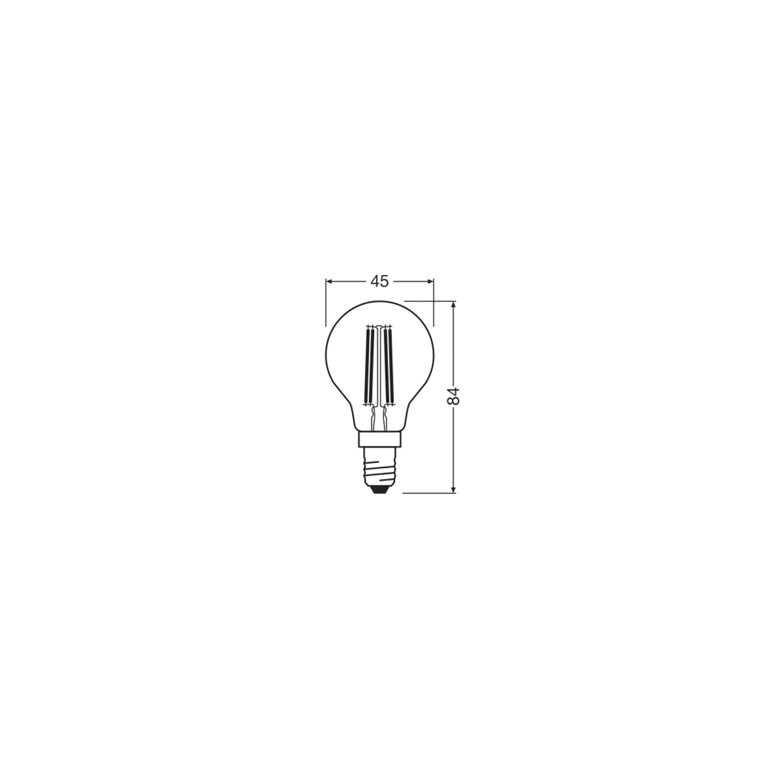 Technische Zeichnung Osram LED-Leuchtmittel E14 Tropfenform, Maße 45x84 mm.