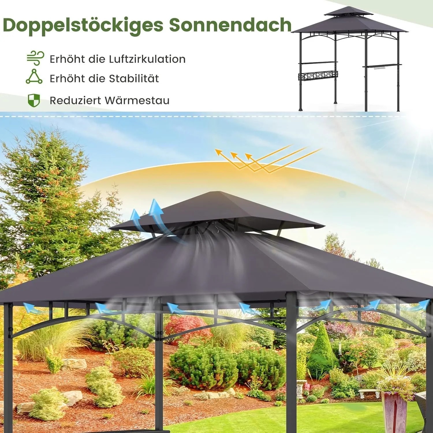 Costway Grillpavillon mit Doppeldach Seitenregalen Flaschenöffner Dunkelgrau_4