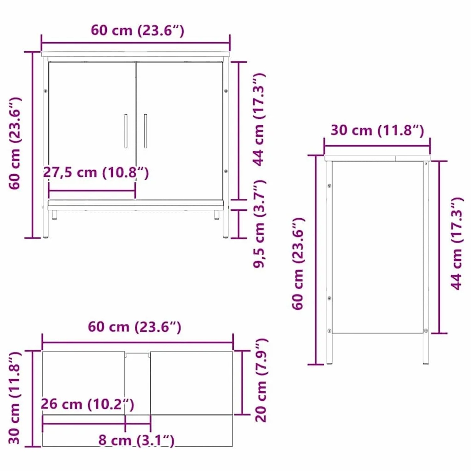 vidaXL Waschbeckenschrank, schwarz Eichen-Optik, Maße. Schema mit Maßen des Waschbeckenunterschranks.
