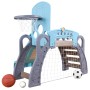 Blau-graues KidKraft 5-in-1 Klettergerüst mit Rutsche, Basketballkorb, Fußballtor, Baseballwand für drinnen & draußen.