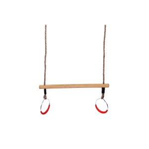 SwingKing Trapez aus Holz mit Metallringen und roten Griffen, Zubehör für Gartenspielgeräte.