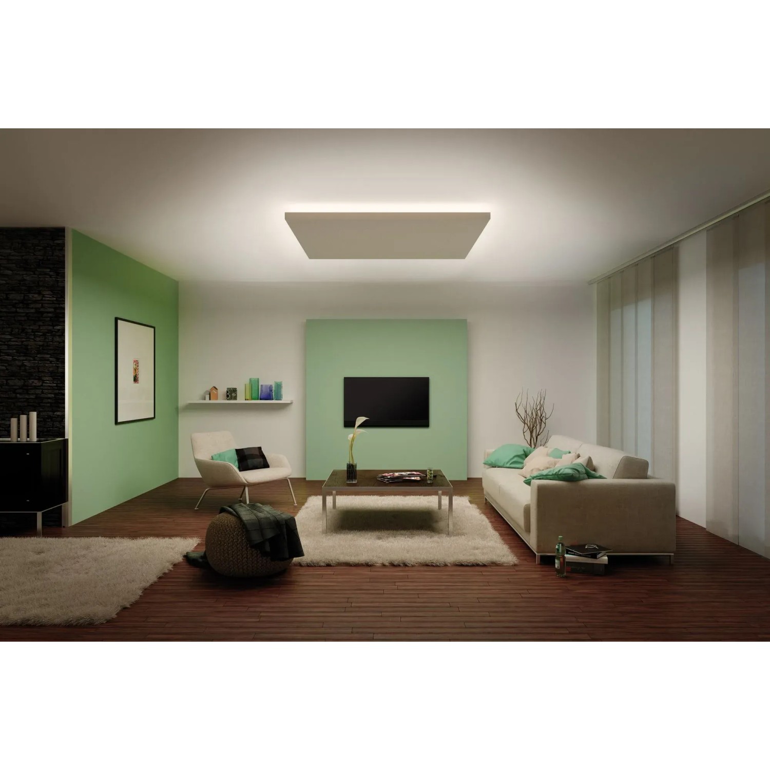 Wohnzimmer mit Paulmann MaxLED 1000 LED-Streifen für warmweißes Licht an der Decke.