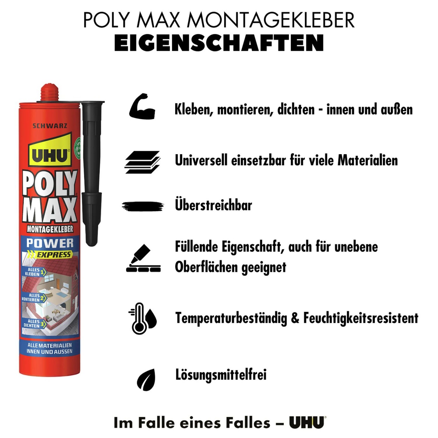 UHU Poly Max Montagekleber Power Schwarz, Kartusche mit Eigenschaften im Überblick.
