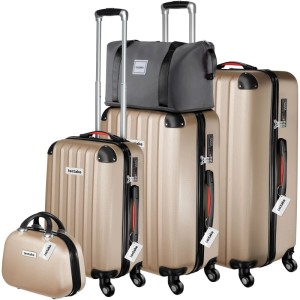 Tectake Hartschalenkoffer Set: 3 beigefarbene Trolleys, Beautycase, graue Reisetasche. Robustes ABS Gepäck mit TSA Schloss.