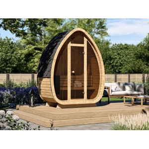 Fjordholz Fass-Sauna Luxe-1 Plus Bausatz mit Panoramafenster und Bitumendach im Garten.