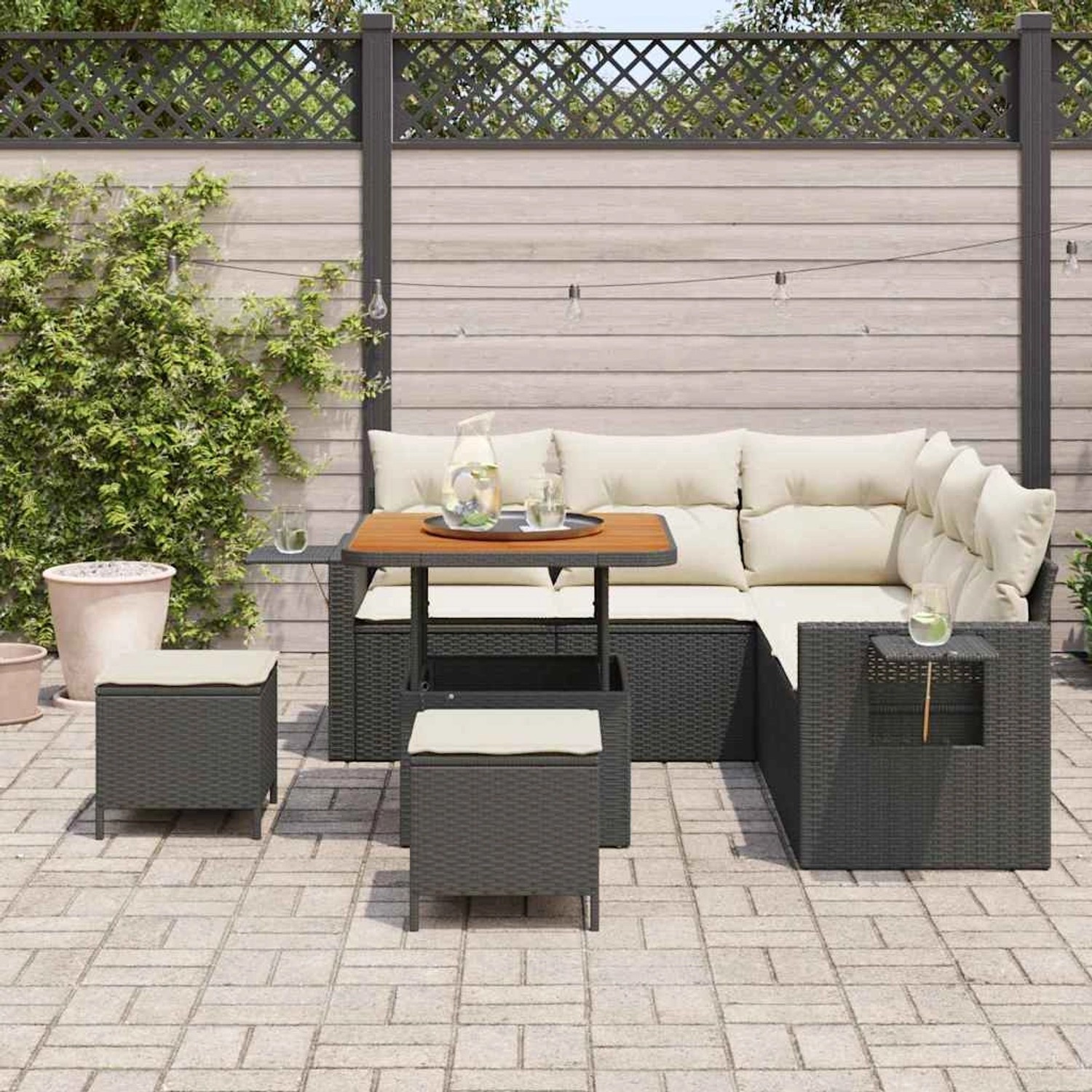 vidaXL Garten-Sofa-Set, 8-teilig, schwarz, Poly Rattan, mit Tisch und Hockern.