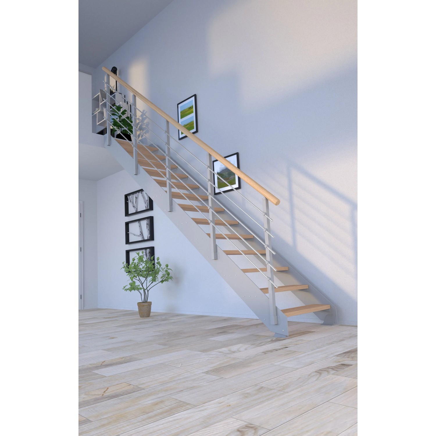 Treppe Kos mit 16 Eiche Natur Stufen, grauem Metallgeländer. Moderne Innentreppe mit Holzstufen.