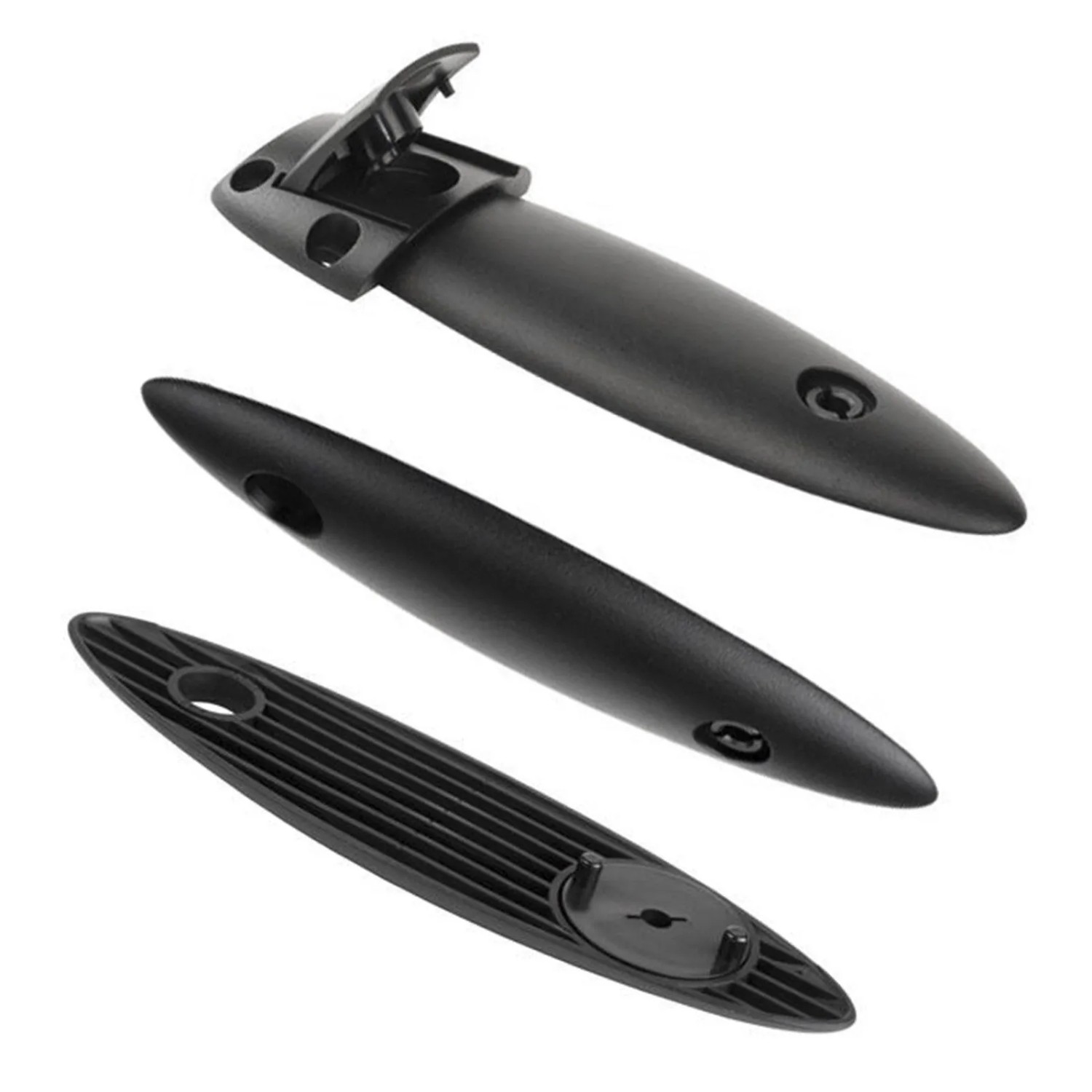 Schwarzer SOTECH Tischplattenverbinder SURF aus Kunststoff. Drei Ansichten des klappbaren Verbindungsbeschlags für Tische.