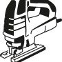 Strichzeichnung einer Stichsäge mit eingesetztem Bosch Expert Stichsägeblatt T308BFP für Laminat.