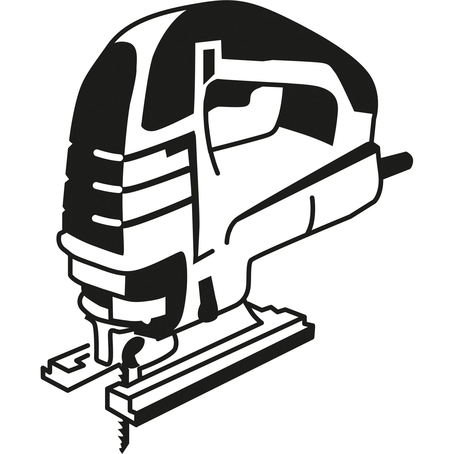 Strichzeichnung einer Stichsäge mit eingesetztem Bosch Expert Stichsägeblatt T308BFP für Laminat.