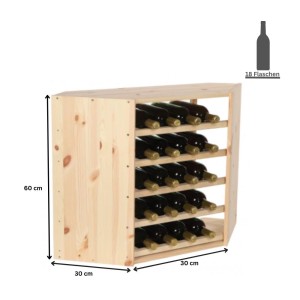 Eck-Weinregal aus Kiefernholz für 18 Flaschen, modulares System.