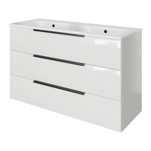 Pelipal Badmöbel-Set Quantum in Schneeweiß Glanz mit Doppelwaschtisch und 3 Auszügen.