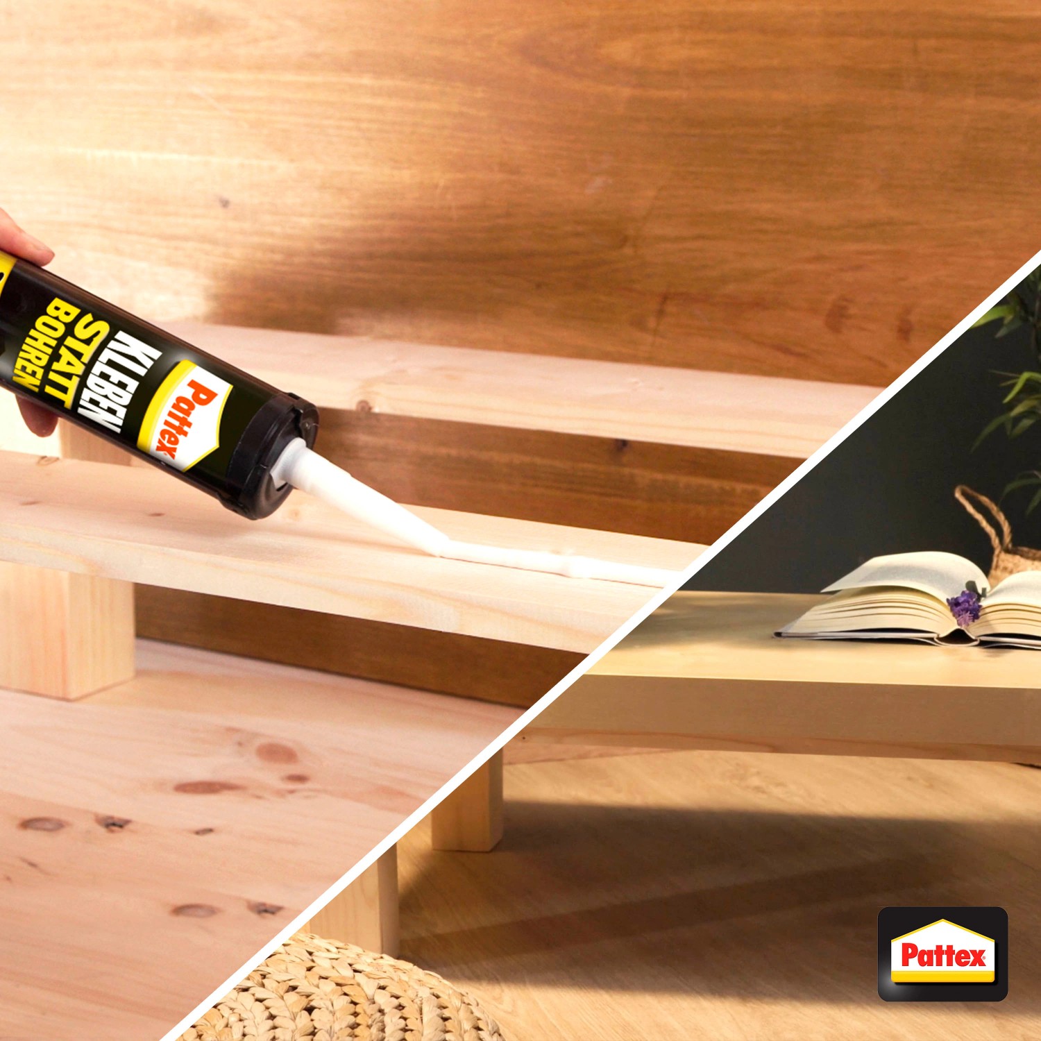 Pattex Kleben statt Bohren Montagekleber, 400g Kartusche, Weiß, in Anwendung auf Holz.
