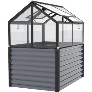 Vitavia Hochfrühbeet Gamma ESG Schwarz, 89x127x135cm. Metall-Hochbeet mit Glasdach und grauem Unterbau.