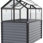 Vitavia Hochfrühbeet Gamma ESG Schwarz, 89x127x135cm. Metall-Hochbeet mit Glasdach und grauem Unterbau.