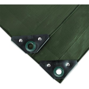 Grüne Noor Abdeckplane Super, 2x2m, Detailaufnahme der verstärkten Ecken mit Ösen.