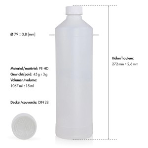 Weiße 1l Flasche Bayzid Flockungsmittel Flüssig für Pools mit Deckel und Maßangaben.