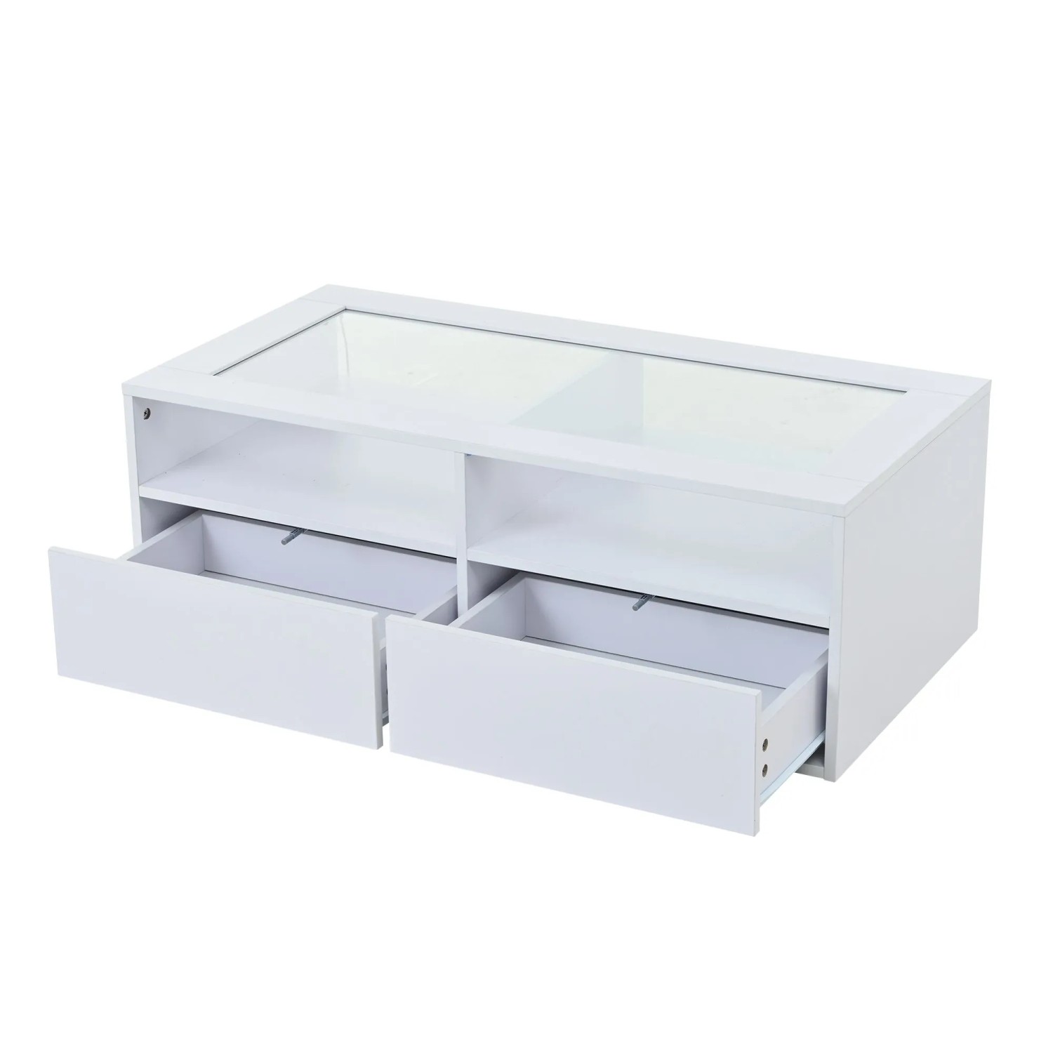 okwish Couchtisch mit LED Glas Schubladen Stauraum 100x50x35cm Hochglanz Weiß