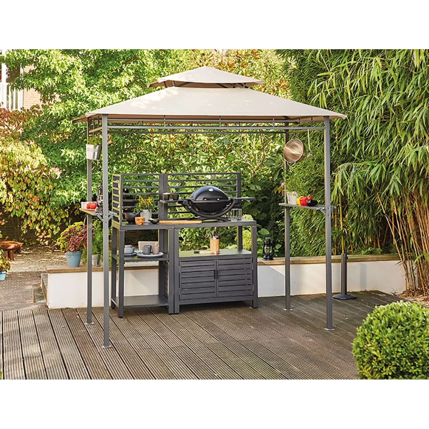 Siena Garden Grillpavillon BBQ, taupe, 244x127 cm, mit Ablagen und Doppeldach für optimalen Rauchabzug.