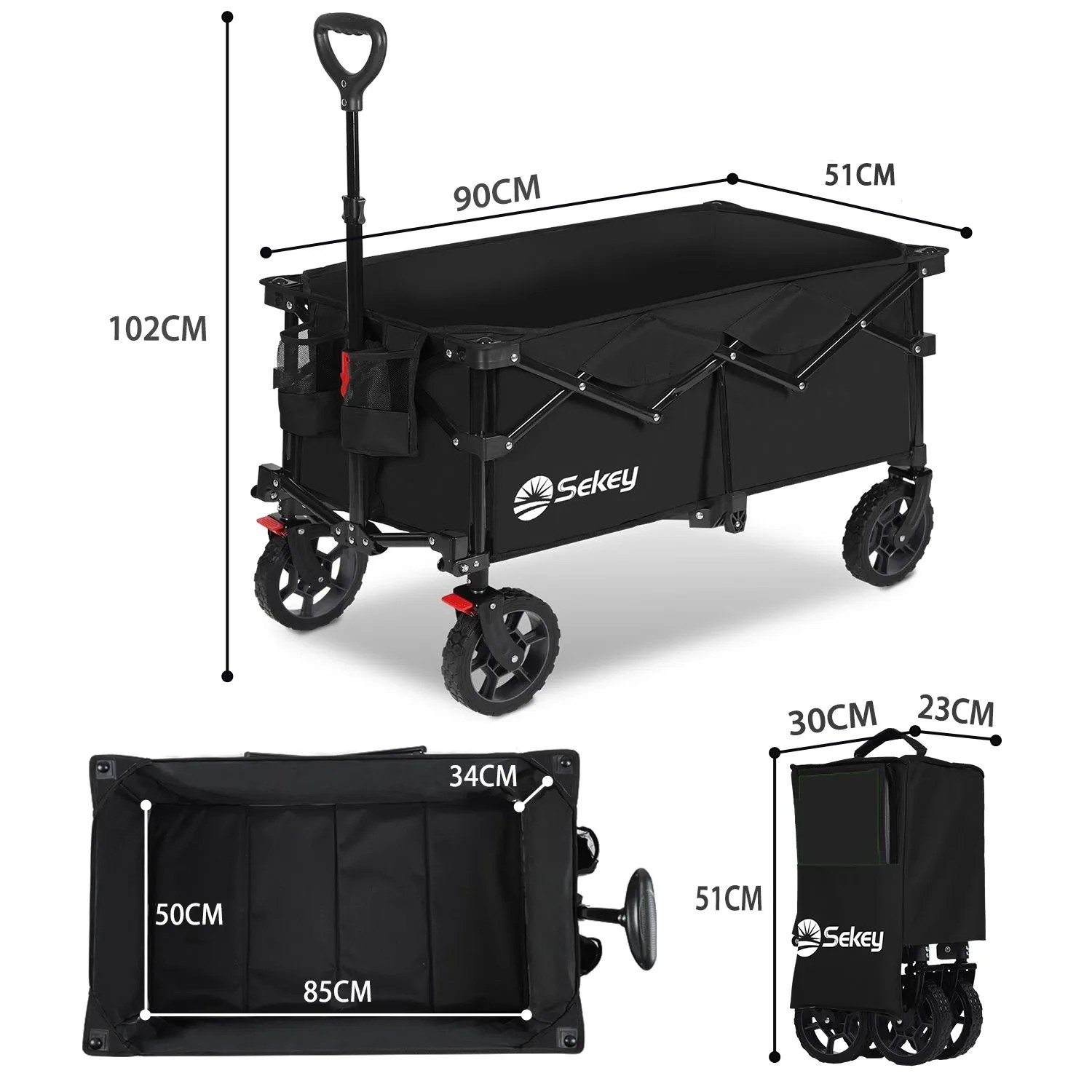 Sekey Bollerwagen, faltbar, schwarz, mit verstellbarem Griff, 150 kg Tragkraft, 150L Volumen. Ideal für Camping.