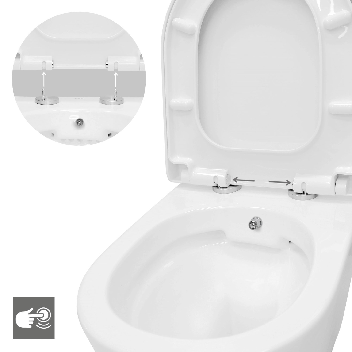 Weißes, spülrandloses Hänge-WC mit Bidet-Funktion und Softclose-Sitz, kurze Ausführung.