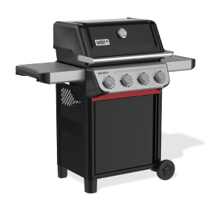 Schwarzer Weber Gasgrill E-410 Spirit mit 4 Brennern und Seitentischen.