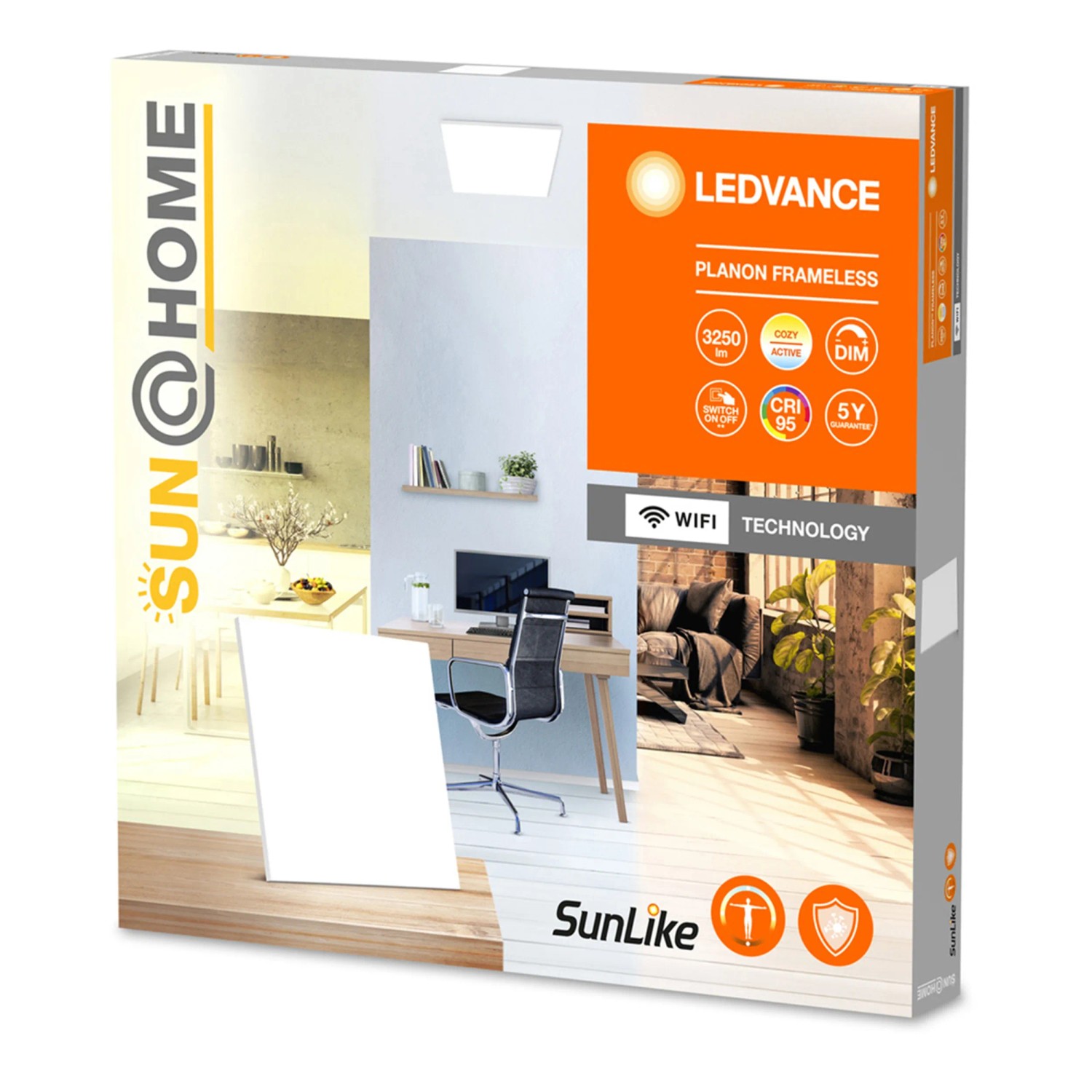 Verpackung der Ledvance Panelleuchte Planon Sun@Home 60x60 cm, rahmenlose LED Deckenleuchte mit Smart+ Funktion.
