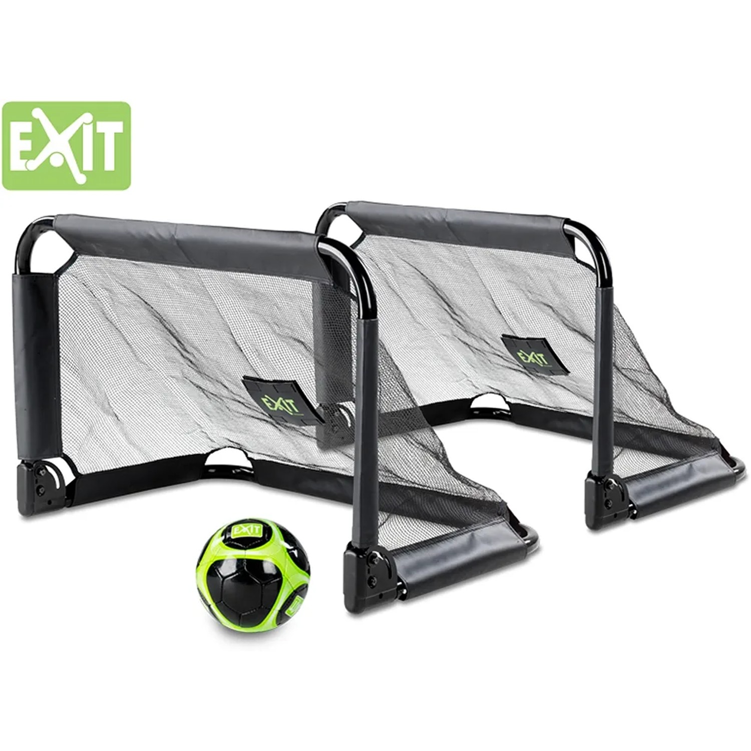 Set aus 2 schwarzen EXIT Pico Fußballtoren (90x60cm) mit Fußball für Spiel & Spaß.