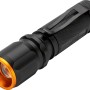 Schwarze LED Taschenlampe mit Clip und orangenem Rand.