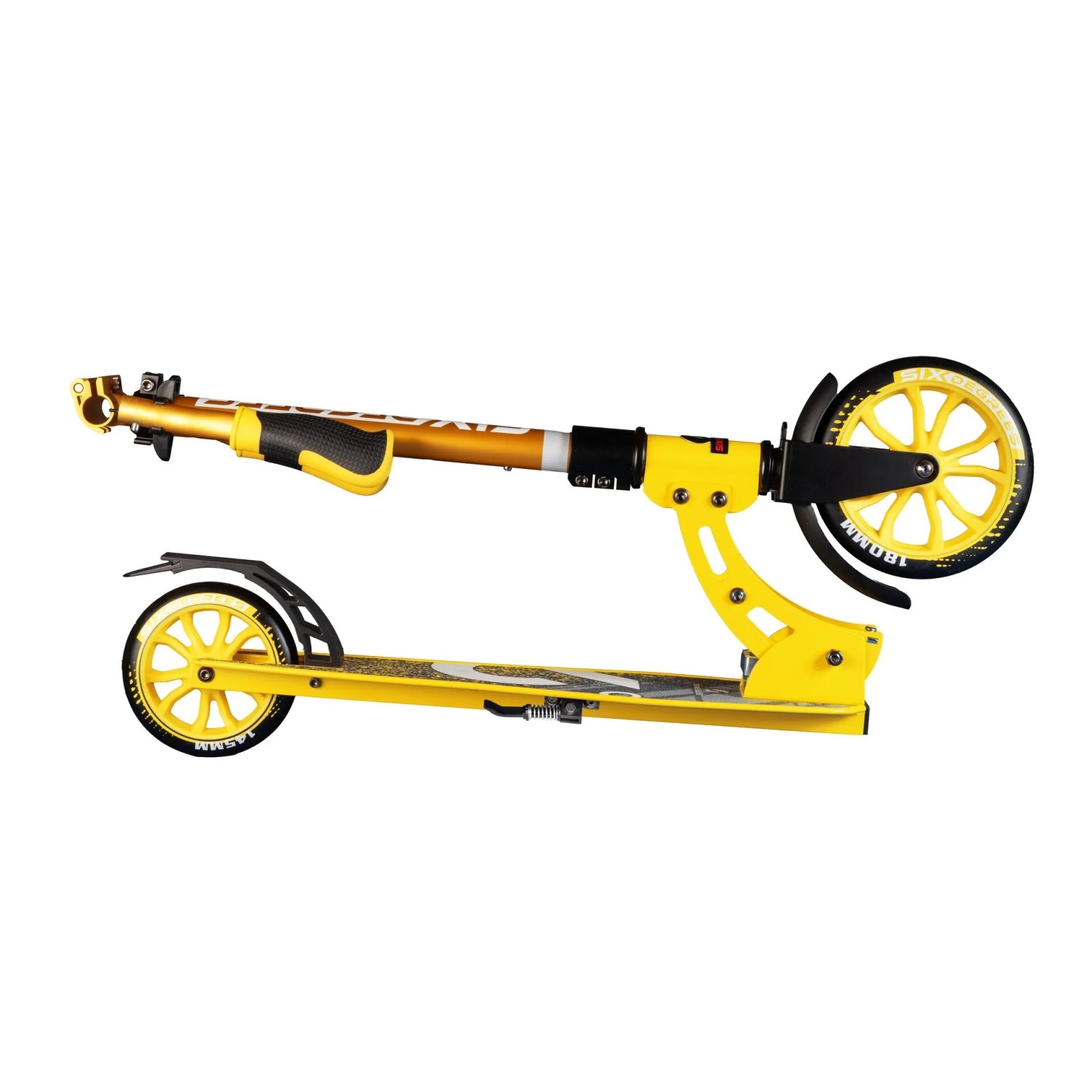 Gelber Six Degrees Junior Scooter aus Aluminium mit Klappmechanismus und Ständer.