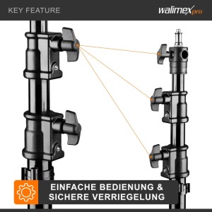 Walimex Pro Air 290 Deluxe Lampenstativ: Detail der schwarzen Verriegelungen und Spigot-Anschluss für sicheren Halt.