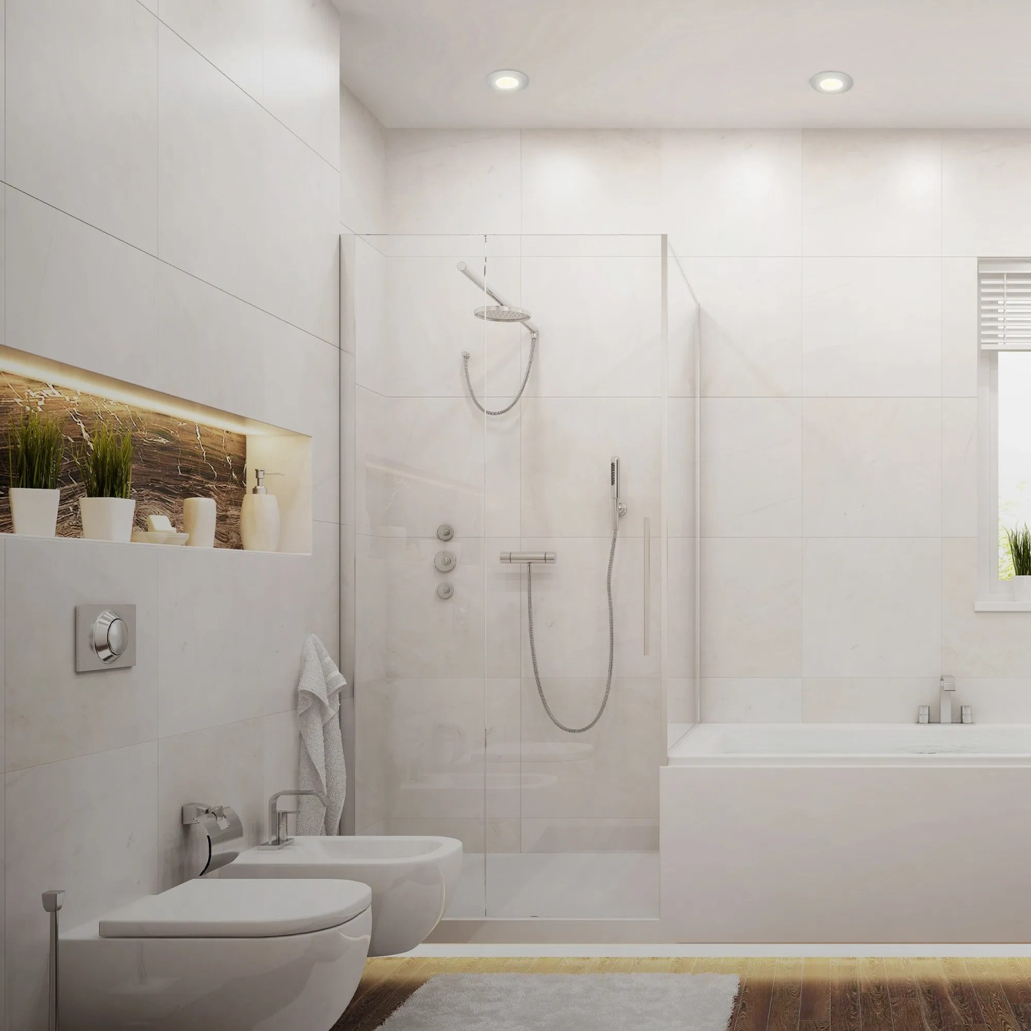 Modernes Badezimmer mit Brilo LED Einbauleuchten Kulana 3er-Set in Chrom-Matt an der Decke.