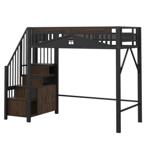 Schwarzes Metall-Hochbett 90x200cm mit Holz-Akzenten, Treppe mit Stauraum & Schrank, Fenster-Design.