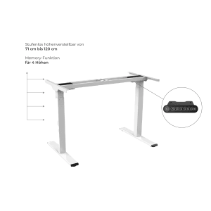 Weißes, elektrisch höhenverstellbares Tischgestell FlexiDesk DM1 für Computertische.