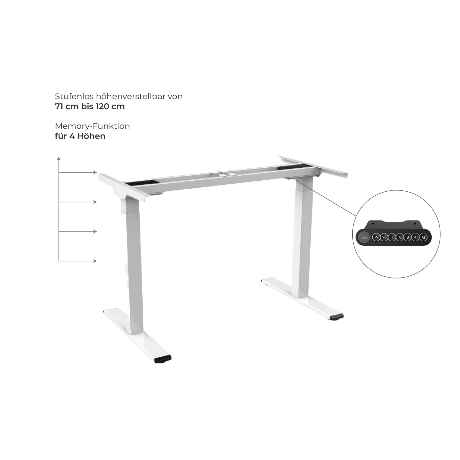 Weißes, elektrisch höhenverstellbares Tischgestell FlexiDesk DM1 für Computertische.