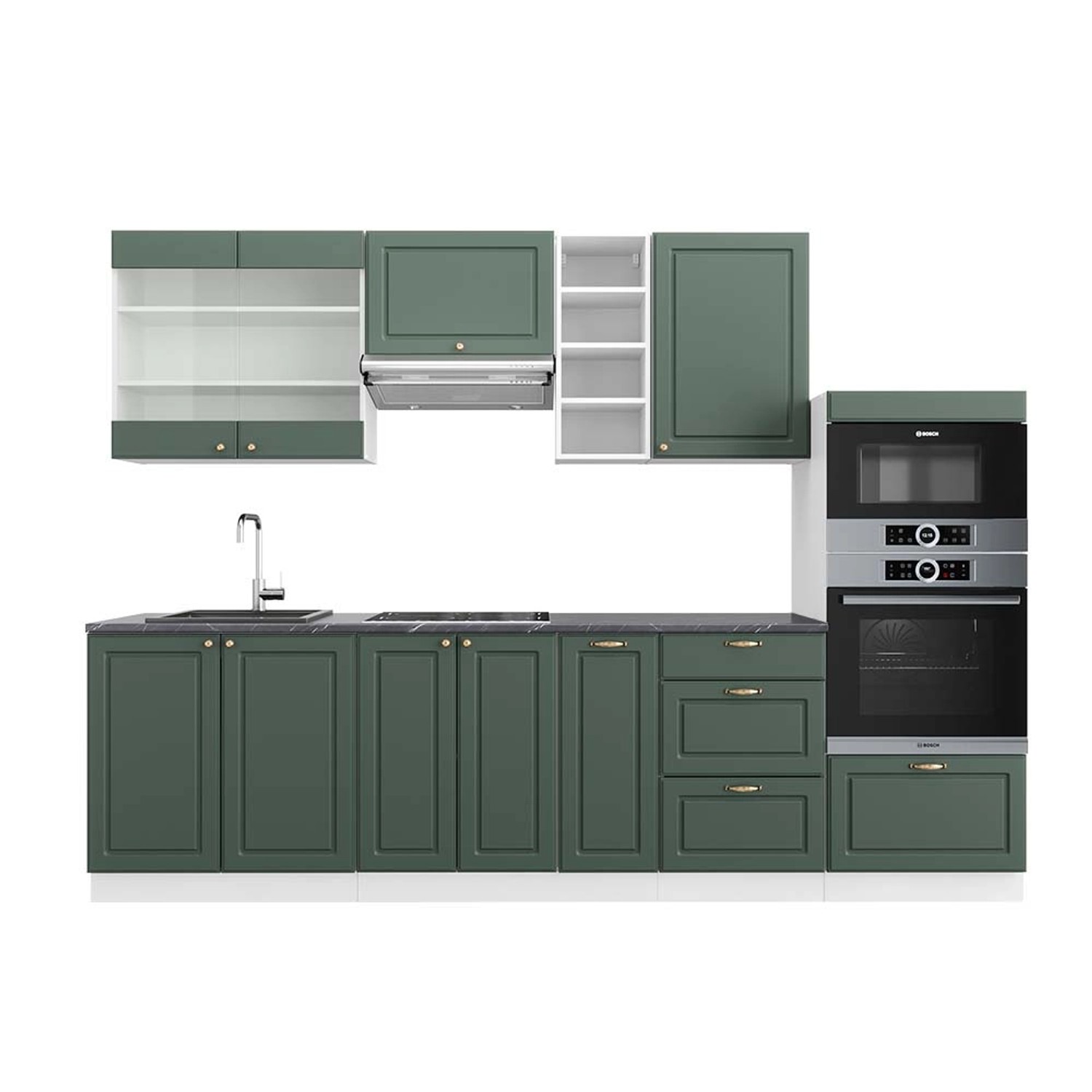 Vicco Fame-Line Küchenzeile Grün-Gold Landhaus/Weiß 280 cm AP Anthrazit günstig online kaufen
