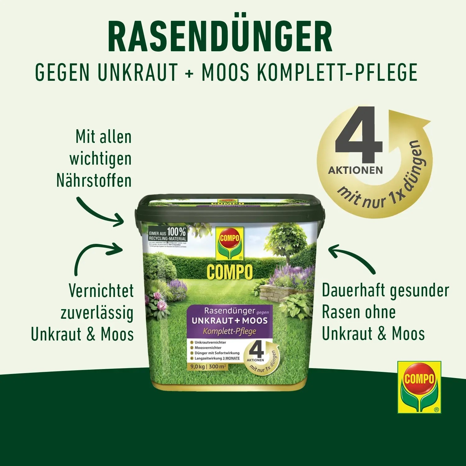 Compo Rasendünger 4in1, 9kg Packung zur Unkraut- und Moosbekämpfung für ca. 300 m² Rasenfläche.