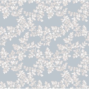 Laura Ashley Vliestapete Burnham Pale Seaspray mit floralem Blattmuster auf blauem Grund.