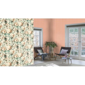 Rasch Vliestapete Florentine III mit Blumenmuster in Weiß, Braun und Grün auf hellem Grund.