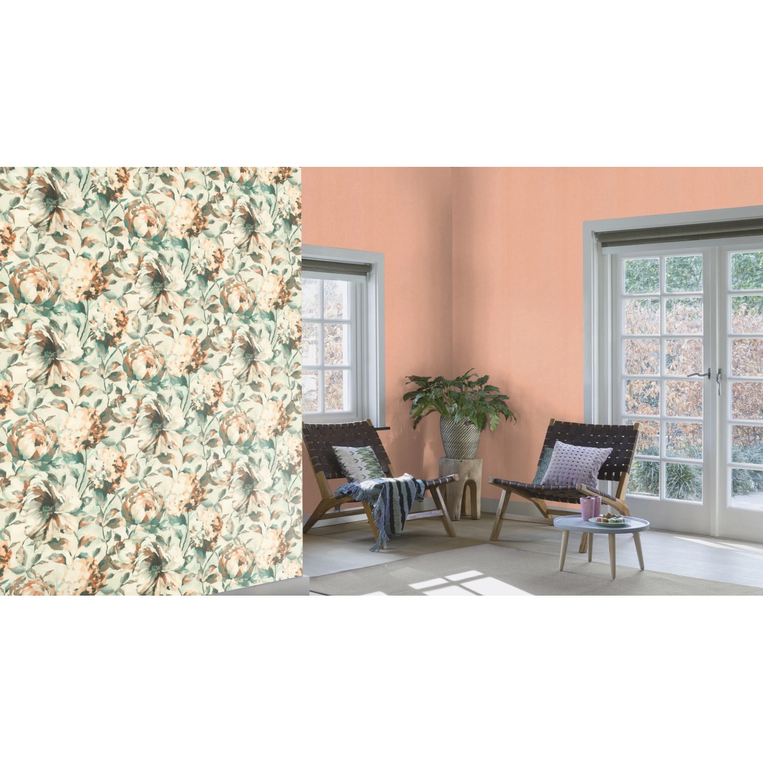 Rasch Vliestapete Florentine III mit Blumenmuster in Weiß, Braun und Grün auf hellem Grund.